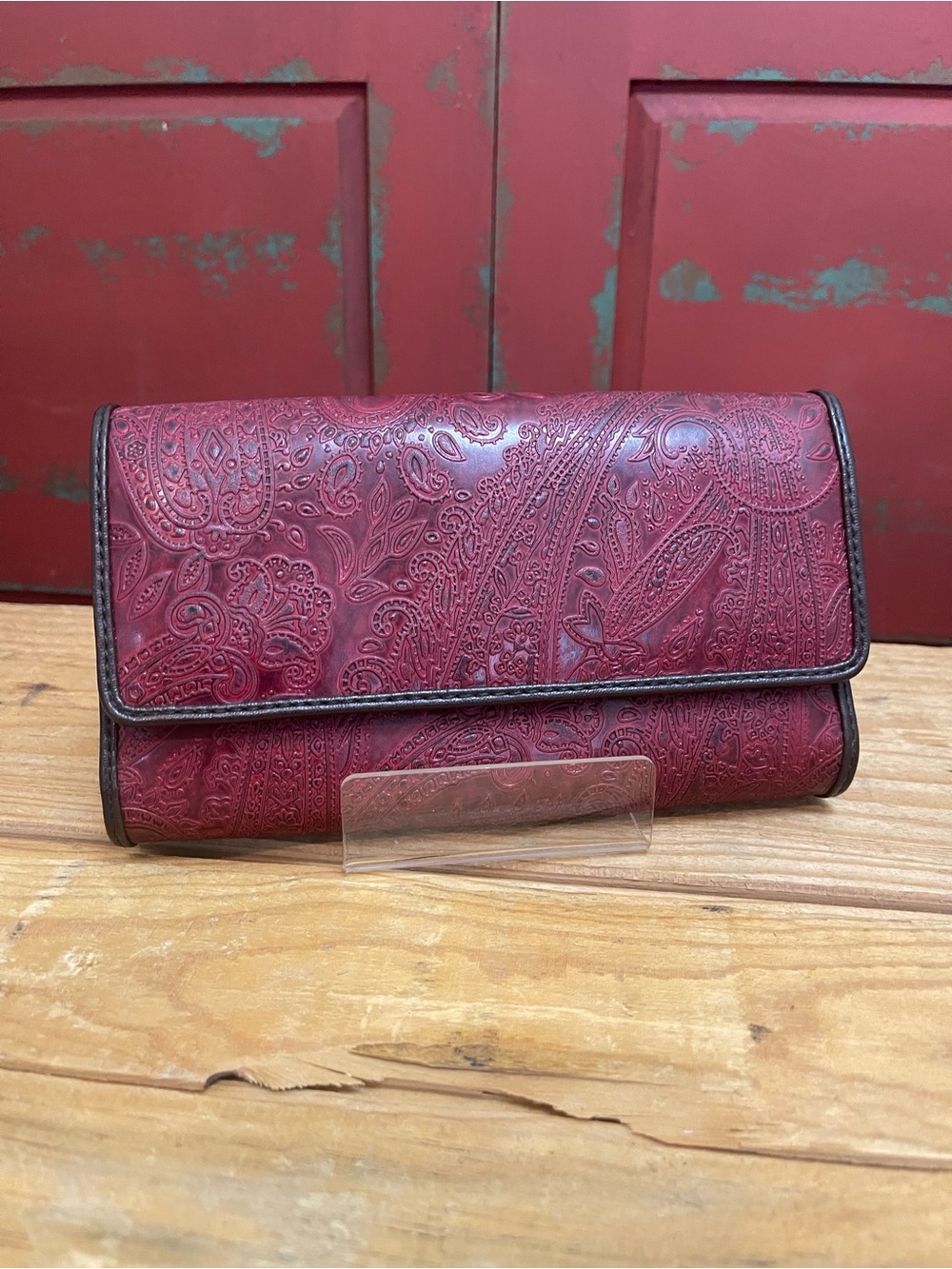 Relic Embossed Paisley Flap Wallet Burgundy Wine Red Tooled Look